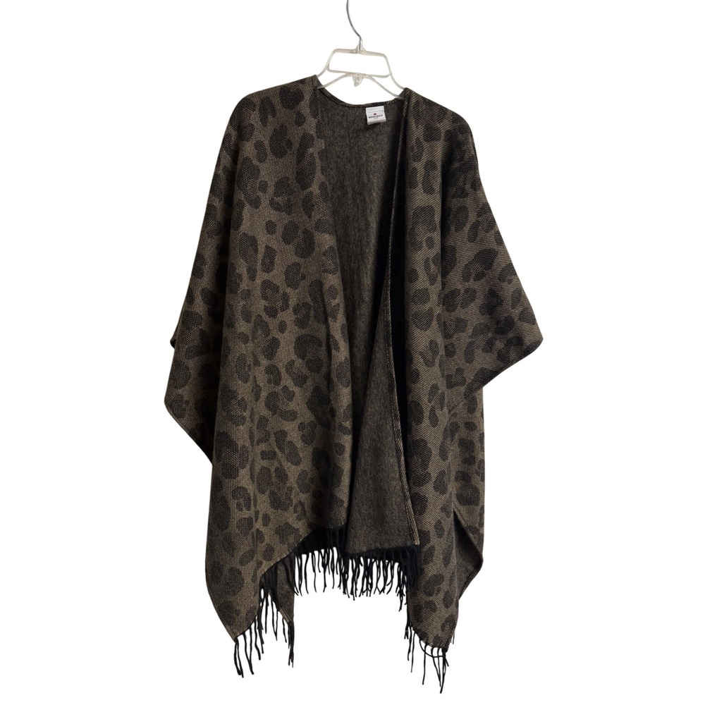 Woolrich Women Brown Black Leopard Print Fringe Hem Open Front Poncho Wrap OS